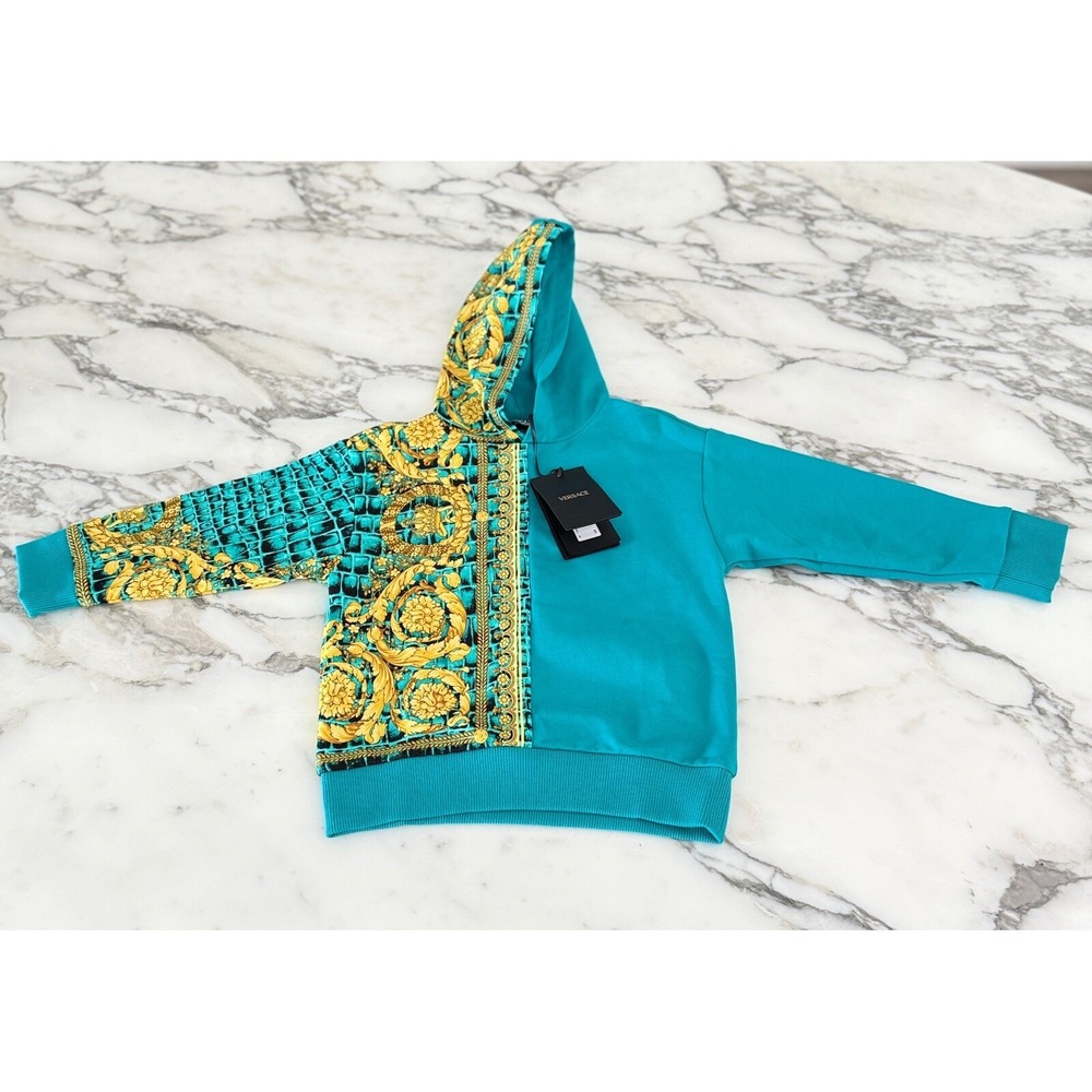 Versace 100% Cotton Blue Barocco Boys Hoodie Sweatshirt, Size 5A